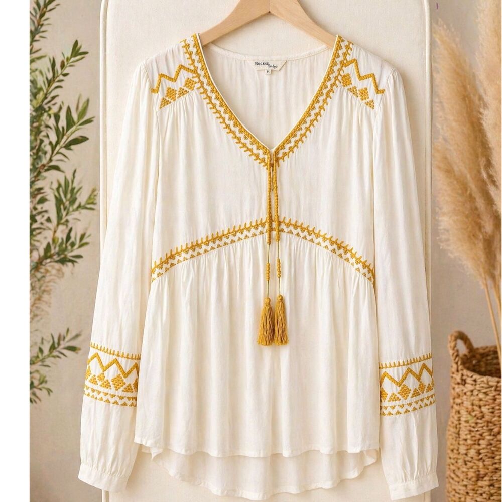 Rocks & Indigo Boho Embroidered Blouse Medium Cottagecore Peasant Top Cream Gold